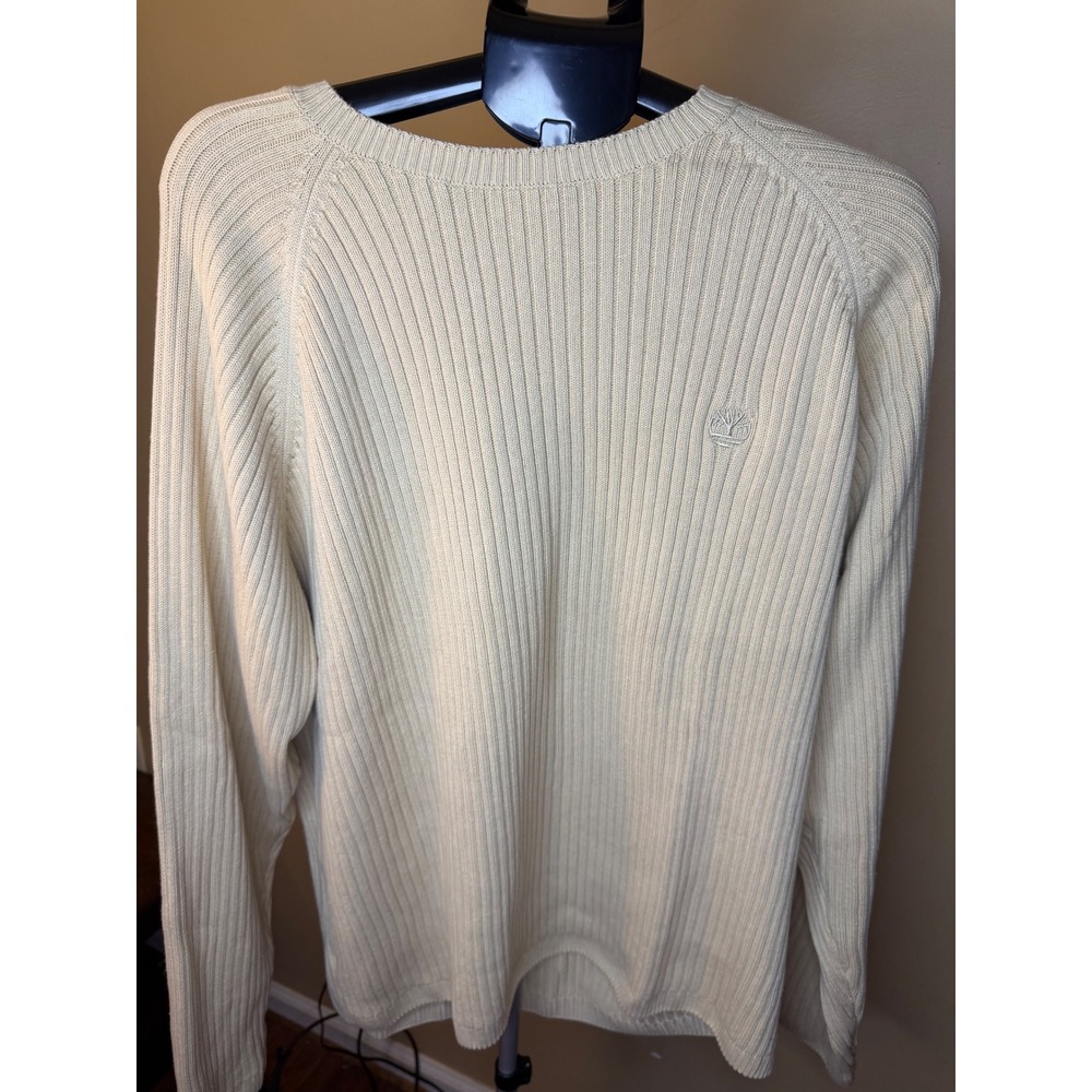 Timberland Mens XL Cream Ribbed Knit 100% Cotton Raglan Crew Neck Sweater